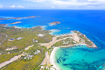 Aerial panoramic by drone of white sand beach of Exchange Bay and Friars Head Bay, Antigua, Leeward Islands, West Indies, Caribbean, Central America