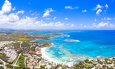 Aerial panoramic by drone of coral reef along Long Bay beach, Antigua, Antigua and Barbuda, Leeward Islands, West Indies, Caribbean, Central America