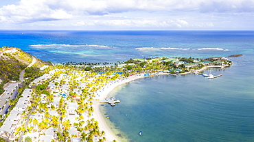 Aerial panoramicby drone of palm-fringed beach, St. James Bay, Antigua, Leeward Islands, West Indies, Caribbean, Central America