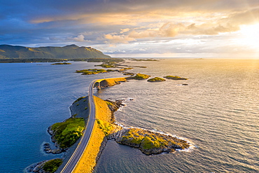 Sunset over Storseisundet Bridge on the Atlantic Road, aerial view, More og Romsdal county, Norway, Scandinavia, Europe