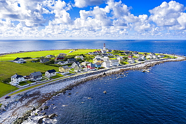 Aerial view by drone of the coastal village of Alnes, Godoya Island, Alesund, More og Romsdal County, Norway, Scandinavia, Europe