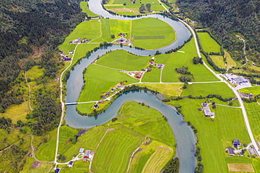 Aerial view of the winding course of Stryneelva river, Stryn, Nordfjorden, Sogn og Fjordane county, Norway, Scandinavia, Europe