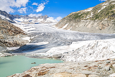 Glacial lake and Rhone Glacier partially protected by blankets to slow melting, Gletsch, Canton of Valais, Switzerland, Europe