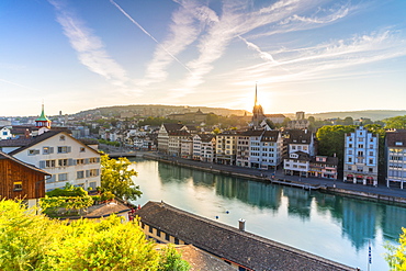 Sunrise over Limmat River seen from Lindenhof Hill, Zurich, Switzerland, Europe