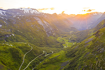 Narrow bends of road leading to Geiranger from Dalsnibba mountain, aerial view, Stranda municipality, More og Romsdal, Norway, Scandinavia, Europe