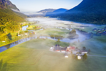 Fog over farms and fields along Stryneelva river, aerial view, Stryn, Nordfjorden, Sogn og Fjordane, Norway, Scandinavia, Europe