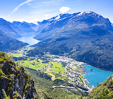 Aerial view of hikers on suspension bridge on Via Ferrata high up above the fjord, Loen, Stryn, Sogn og Fjordane county, Norway, Scandinavia, Europe