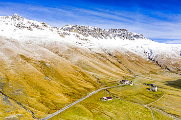 Aerial view by drone of Piz Umbrail and Punta di Rims in autumn, Braulio Valley, Bormio, Sondrio province, Valtellina, Lombardy, Italy, Europe