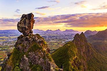 Pieter Both and Le Pouce mountain lit by the african sunset, aerial view, Moka Range, Port Louis, Mauritius, Africa