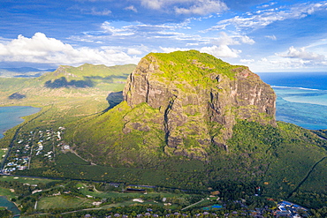 Aerial view of the majestic mountain overlooking the ocean, Le Morne Brabant peninsula, Black River, Mauritius, Indian Ocean, Africa