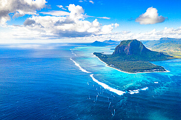 Aerial view of mountain overlooking the ocean, Le Morne Brabant peninsula, Black River district, Mauritius, Indian Ocean, Africa