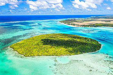 Lush vegetation on Ile aux Aigrettes atoll in the turquoise lagoon, aerial view by drone, Pointe d'Esny, Mahebourg, Mauritius, Indian Ocean, Africa