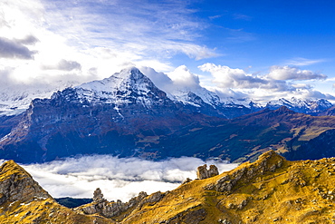 Cloudy sky over Mount Eiger seen from high mountains above Grindelwald in autumn, Bernese Alps, Canton of Bern, Switzerland, Europe