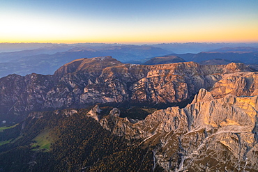 Aerial view of sunset over Tires Valley in autumn, Dolomites, South Tyrol, Italy, Europe