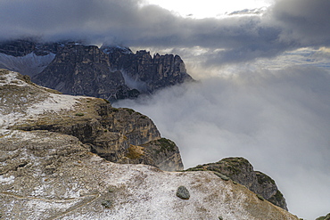 Croda dei Toni mountain and Auronzo Valley in a sea of clouds, Sesto Dolomites, Trentino-Alto Adige/Veneto, Italy, Europe