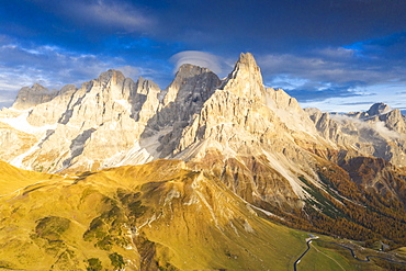 Aerial view of Cimon della Pala during the autumn sunset, Pale di San Martino, Rolle Pass, Dolomites, Trentino, Trento, Italy, Europe