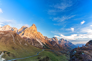 Autumn colors at Rolle Pass with Cimon della Pala in background, Pale di San Martino, Dolomites, Trentino, Trento, Italy, Europe