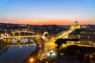 River Tiber and St. Peter's Basilica (Basilica di San Pietro) from Castel Sant'Angelo at dawn, Vatican City, Rome, Lazio, Italy, Europe