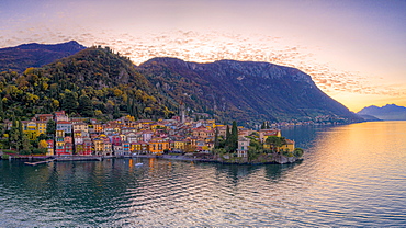 Aerial view of autumn sunrise over Varenna old town on shores of Lake Como, Lecco province, Lombardy, Italian Lakes, Italy, Europe