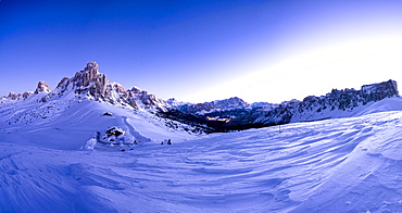 Pano of snowy Ra Gusela, Cortina d'Ampezzo, Monte Cristallo and Lastoi De Formin at dusk, Giau Pass, Dolomites, Veneto, Italy, Europe