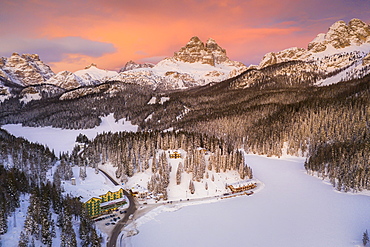 Tre Cime di Lavaredo and woods covered with snow during a winter sunset, Misurina, Dolomites, Belluno province, Veneto, Italy, Europe