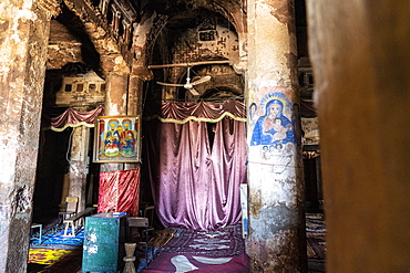 Frescoes and paintings on pillars inside Abreha We Atsbeha church, Tigray Region, Ethiopia, Africa