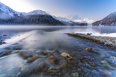 Autumn sunrise on Lej Da Champfer with snow capped Piz Da La Margna and Piz Corvatsch in background, Engadine, canton of Graubunden, Switzerland, Europe