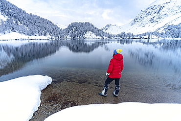 Man standing on shores of Lake Cavloc admiring the snowy woods, Bregaglia Valley, Engadine, canton of Graubunden, Switzerland, Europe