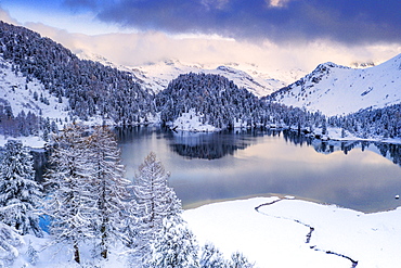 Sunrise over Lake Cavloc after a snowfall, Bregaglia Valley, Engadine, canton of Graubunden, Switzerland, Europe