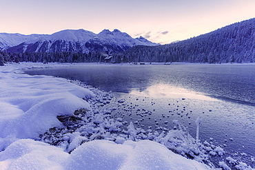 Sunrise over the frozen lake Lej da Staz and snowy woods, St. Moritz, Engadine, canton of Graubunden, Switzerland, Europe