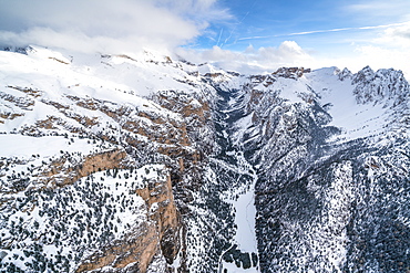 Aerial view of Vallunga, Monte Stevia and Cir group in winter, Val Gardena, Dolomites, Trentino-Alto Adige, Italy, Europe