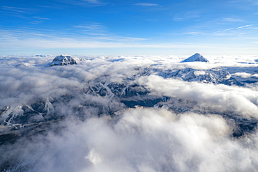 Sorapis group and Antelao emerging from clouds, aerial view, Dolomites, Belluno province, Veneto, Italy, Europe