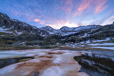 Melting ice during thaw at dawn, Alpe Fora, Valmalenco, Sondrio province, Valtellina, Lombardy, Italy, Europe