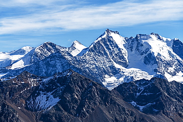 Aerial view by drone of Bernina Group and Biancograt mountain, Engadine, canton of Graubunden, Switzerland, Europe