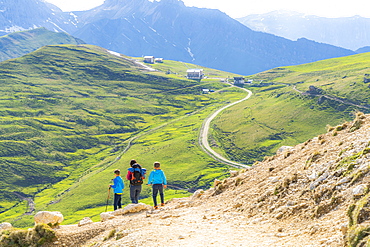 Mother with two little sons walking on path in green meadows towards Rifugio Sassopiatto, Dolomites, Trentino-Alto Adige, Italy, Europe