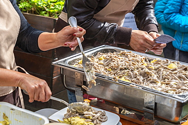 People serving the traditional Pizzoccheri during an outdoor food festival, Valtellina, Sondrio province, Lombardy, Italy, Europe