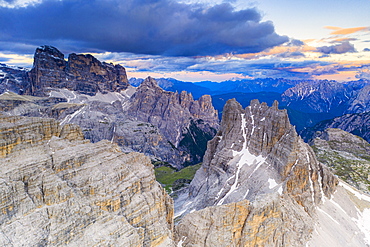 Croda dei Toni, Cima dell'Agnello and Campanili del Marden after sunset, aerial view, Dolomites, South Tyrol/Veneto, Italy, Europe