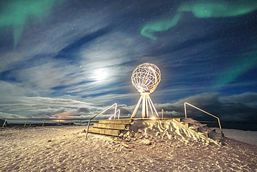 The Northern Lights (Aurora Borealis) over the Globe Monument, symbol of North Cape (Nordkapp), Mageroya island, Troms og Finnmark, Norway, Scandinavia, Europe