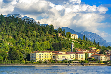 Historical buildings and hotels in the old town of Bellagio seen from ferry boat, Lake Como, Como province, Lombardy, Italian Lakes, Italy, Europe