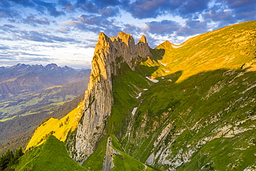 Sunrise on rocky peak of Saxer Lucke mountain in summer, Appenzell Canton, Alpstein Range, Switzerland, Europe