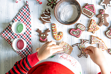 Cute little child with Santa hat decorating the homemade gingerbread cookies at Christmas seen from above, Italy, Europe