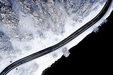 Cars driving on icy road through snowy woods at the edge of Lake Sils, aerial view, Engadine, Graubunden Canton, Switzerland, Europe