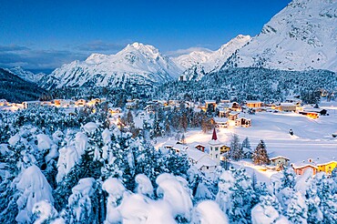 Winter forest covered with snow surrounding Chiesa Bianca and Maloja at dusk, Bregaglia, Engadine, Graubunden Canton, Switzerland, Europe