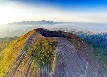 Aerial view of Vesuvius crater and Gulf of Naples at sunrise, Naples, Campania, Italy, Europe