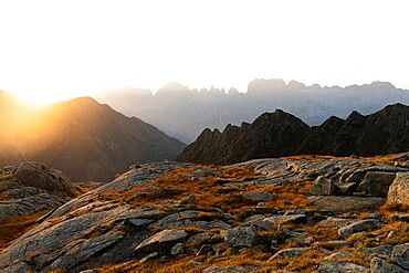 Foggy sunrise over Brenta Dolomites viewed from Rifugio Cornisello, Adamello Brenta Nature Park, Trentino-Alto Adige, Italy, Europe