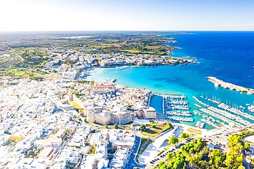 Aerial view of the coastal town of Otranto washed by the turquoise sea, Salento, Lecce province, Apulia, Italy, Europe