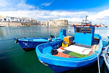 Fishing boats moored in the harbor, Gallipoli, Lecce province, Salento, Apulia, Italy, Europe