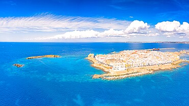 Old town and harbor of Gallipoli on a sunny summer day, aerial view, Lecce province, Salento, Apulia, Italy, Europe