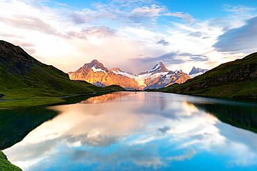 Schreckhorn mountain and Bachalpsee lake at sunset, Grindelwald, Bernese Oberland, Bern Canton, Switzerland, Europe