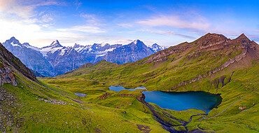 Sunrise over Wetterhorn, Schreckhorn and Finsteraarhorn from Bachalpsee lake, Grindelwald, Bernese Oberland, Switzerland, Europe